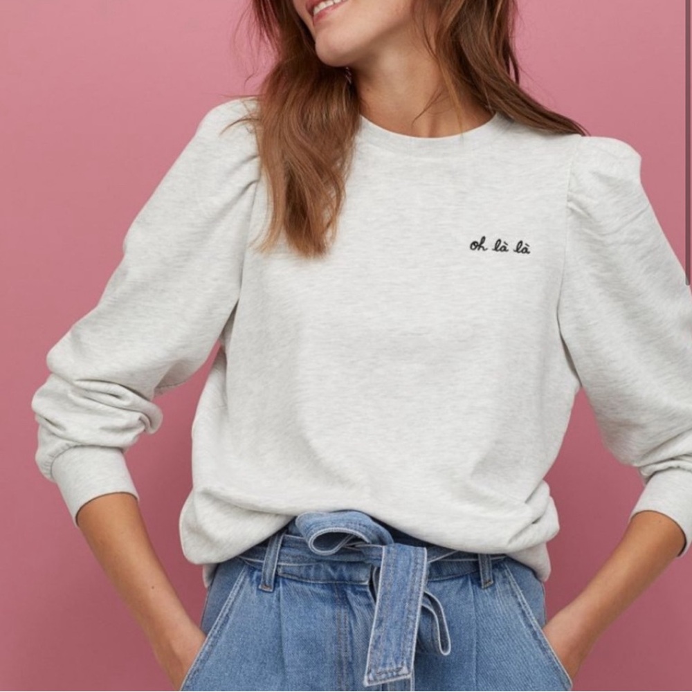 Oh là là Embroidered Puff-Sleeve Sweatshirt - Light Gray